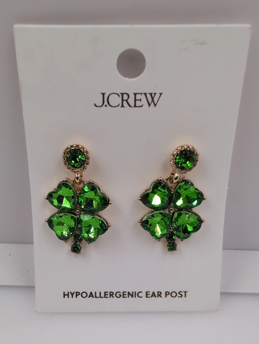 NWT J.CREW Emerald Crystal Four-Leaf Clover Earrings & Enamel Lapel Pin Set 0121